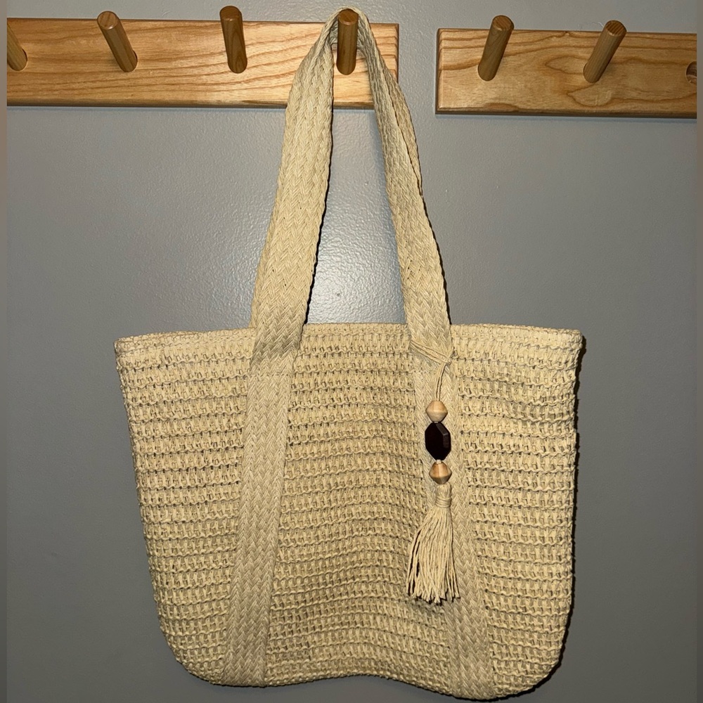Boho Woven Beach Style Tote Bag With Tassel (Beige)
